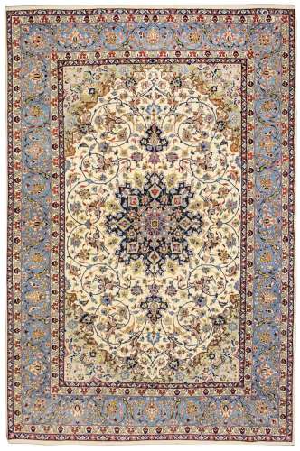 AN EXTREMELY FINE PART SILK ISFAHAN RUG, CENTRAL PERSIA approx: 7ft.10in. x 5ft.1in.(238cm. x 155cm.) Beautifully balanced design and very good colour combination. This rug has full pile, fine kurk wool quality. Ends and selvages original. Extremely fine weave, approx; 10 x 10 knots per sq. cm; woven on silk foundation. Excellent condition throughout, attractive, ca.1940-50