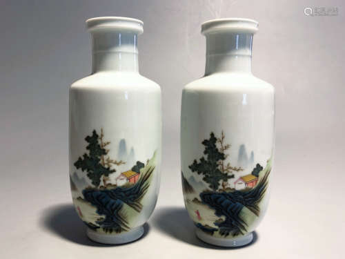 CHINESE PAIR OF FAMILLE ROSE PORCELAIN ROULEAU VAS