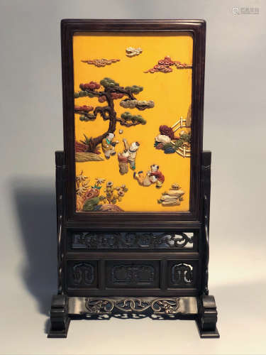 CHINESE HARDWOOD TABLE SCREEN WITH INLAID ON PANEL