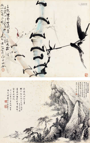刘秉衡 黄叱石 罗叔重 1965年作 山水 竹树蜻蜓 （二帧） 镜片 设色纸本、水墨纸本