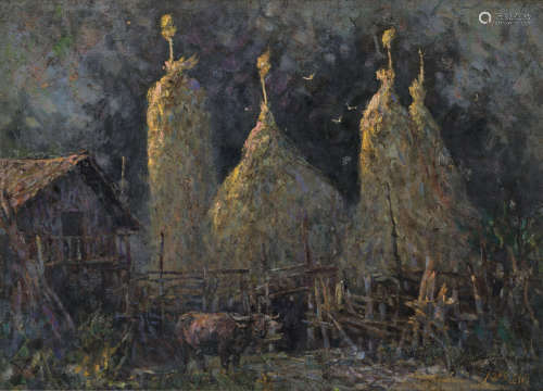 黄延桐 1989年作 谷堆与牛 镜框 布面油画