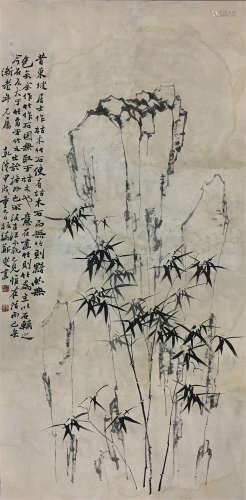 CHINESE SCROLL PAINTING OF BAMBOO AND ROCK