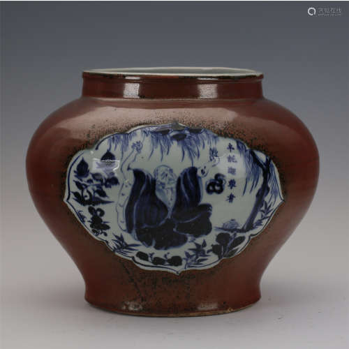 CHINESE PORCELAIN RED GLAZE BLUE AND WHITE LOHAN JAR