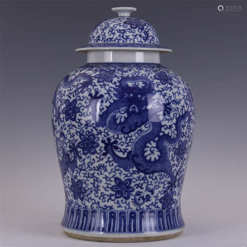 CHINESE PORCELAIN BLUE AND WHITE DRAGON TEMPLE JAR