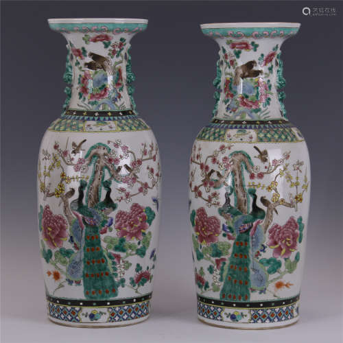 PAIR OF CHINESE PORCELAIN FAMILLE ROSE BIRD AND FLOWER JARS