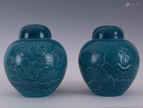 PAIR OF CHINESE PORCELAIN BLUE GLAZE LOTUS LIDDED JARS