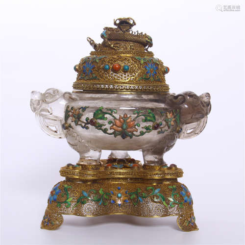CHINESE ROCK CRYSTAL TRIPLE FEET CENSER WITH GILT SILVER ENAMLE LID AND BASE