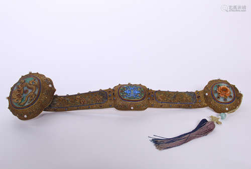 CHINESE GILT SILVER GEM STONE INLAID RUYI SCEPTER