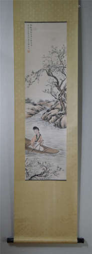 CHINESE SCROLL PAINTING OF BEAUTY ON BOAT