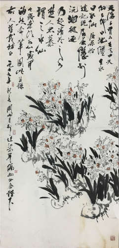 CHINESE SCROLL PAINTING OF ORCHIRD WITH CALLIGRAPHY