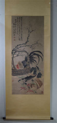 CHINESE SCROLL PAINTING OF ROOSTER AND FISH