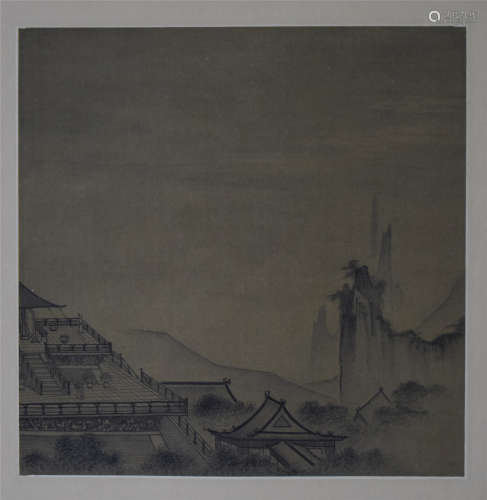 CHINESE SCROLL PAINTING OF TEMPLE IN MOUNTAIN
