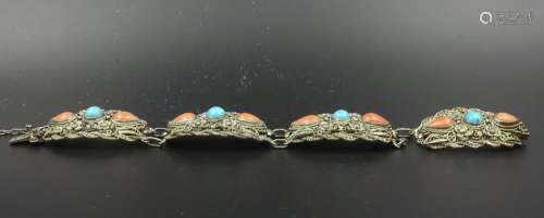 CHINESE CORAL AND TURQUOISE ON SILVER WIRE BRACELE