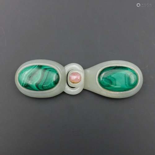 CHINESE WHITE JADE AND MALACHITE BELT BUCKLE