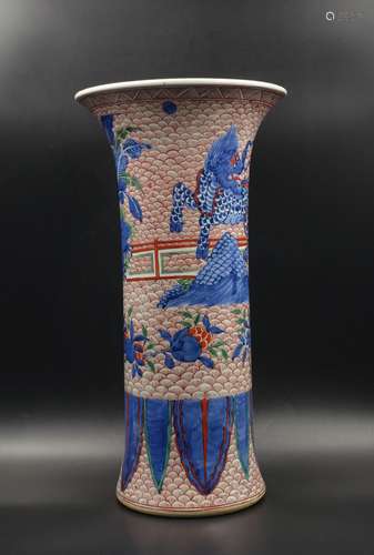 CHINESE B/W DECORATED RED GU VASE