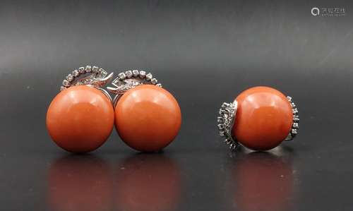 CHINESE CORAL EARRING AND RING SET