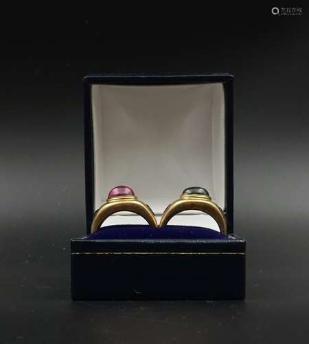 CHINESE PAIR OF TOURMALINES ON GOLD RINGS