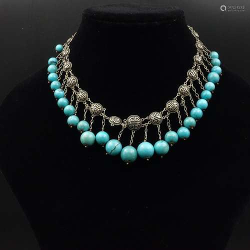 CHINESE TURQUOISE BEADS ON SILVER NECKLACE