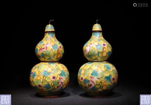 PAIR OF CLOISONNE CRAFT GOURD-SHAPED VASES