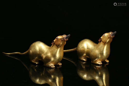 PAIR GILT BRONZE MOLDED MICE