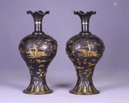 PAIR GILT SILVER MOLDED FLORAL RIM VASES