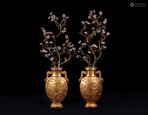 PAIR GILT BRONZE MOLDED BLOSSOMING ORNAMENTS