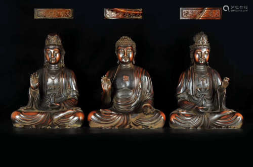 THREE BRONZE MOLDED BUDDHA STATUES WITH MARK