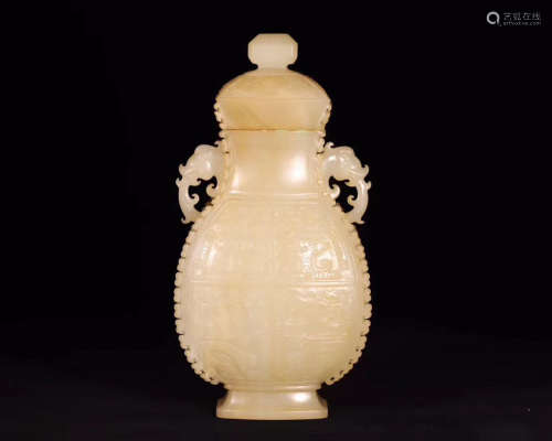 A OLD HETIAN JADE CARVED DOUBLE-EAR VASE