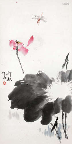 萧朗（1917～2010） 荷花蜻蜓 立轴 设色纸本