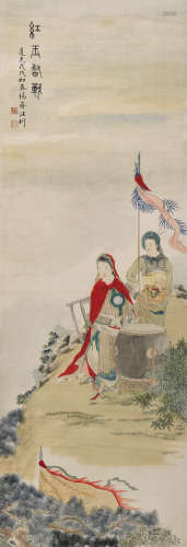 汪圻（1776～1840） 红玉督战 立轴 设色绢本