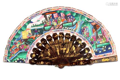 A CHINESE CANTON PAINTED GILT-DECORATED BLACK LACQUER FAN. Qing Dynasty. Both sides brightly