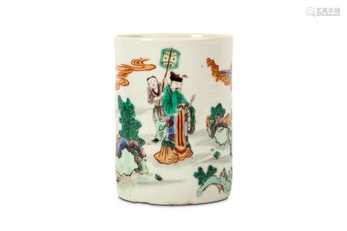 A CHINESE FAMILLE VERTE BRUSH POT. Qing Dynasty, 19th century. Painted in enamels to depict figures