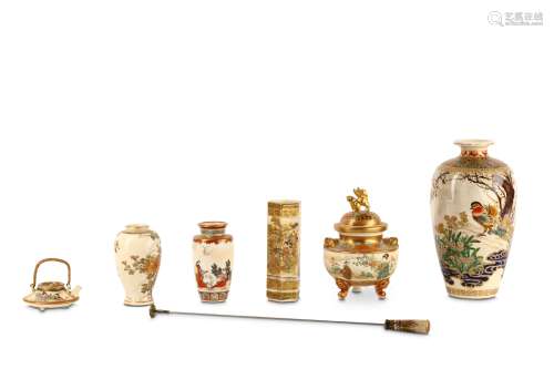 SIX VARIOUS SATSUMA PIECES. 19th/20th Century. Including three ovoid vases, one hexagonal brush