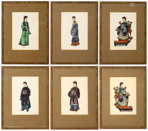 A SET OF SIX CHINESE EXPORT PAINTINGS. Qing Dynasty. Each finely painted to depict an official or a