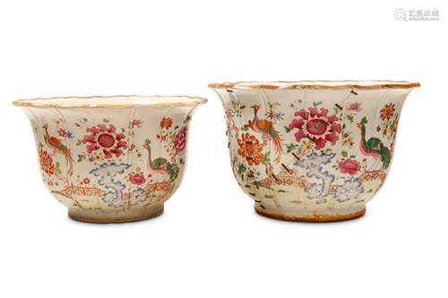 TWO CHINESE FAMILLE ROSE FOLIATE-RIM JARDINERES. Qing Dynasty, Qianlong era. The similarly