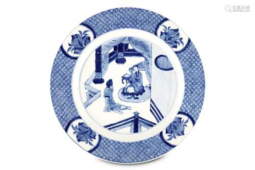 A BLUE AND WHITE DISH Qing Dynasty, Kangxi era. The central roundel depicting an interior