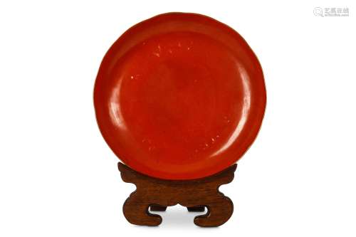 A CHINESE CORAL RED GLAZED DISH WITH STAND. Qing Dynasty. 18cm. (2) 清   珊瑚紅釉碟