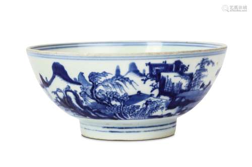 A CHINESE BLUE AND WHITE BOWL Qing Dynasty. Finely painted around the exterior with a continuous