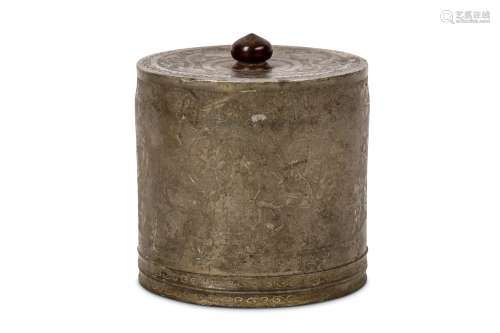 A CHINESE CIRCULAR PEWTER TEA CADDY AND COVER. Early 20th Century. Comprising of four shaped