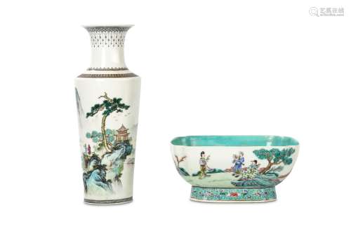 TWO CHINESE FAMILLE ROSE WARES. 20th Century. Comprising a vase decorated with a landscape scene,