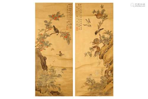 NI YUN   (? – 1864) Bird and Flowers, ink and colour on paper, a pair of hanging scrolls, signed