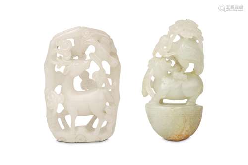 A CHINESE WHITE JADE CARVING OF A DEER TOGETHER WITH JADE ‘ANIMAL GROUP’ CARVING. 6-6.5cm H. (2)