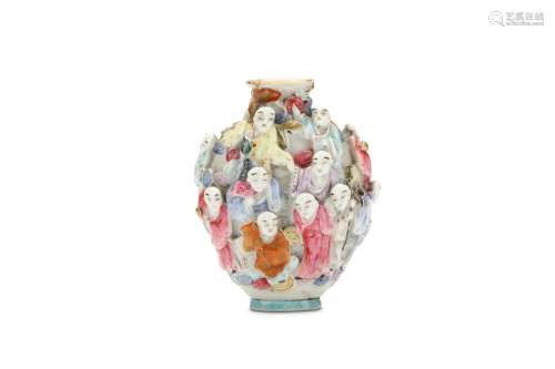 A CHINESE FAMILLE ROSE ‘EIGHTEEN LOHAN’ SNUFF BOTTLE. Qing Dynasty Qianlong mark and of the period.