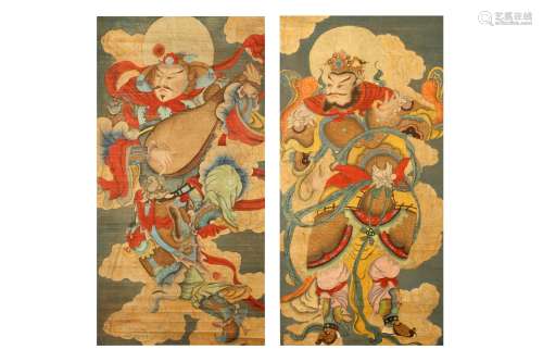 A PAIR OF CHINESE DRAWINGS OF GUARDIAN FIGURES. Hanging scrolls, ink on paper, 130 x 66cm H, 133 x