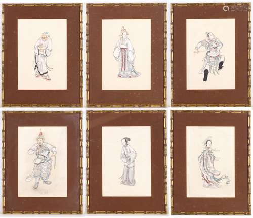 SIX CHINESE ‘WU SHUANG PU’ PAINTINGS. Qing Dynasty. Each finely painted to depict a single figure