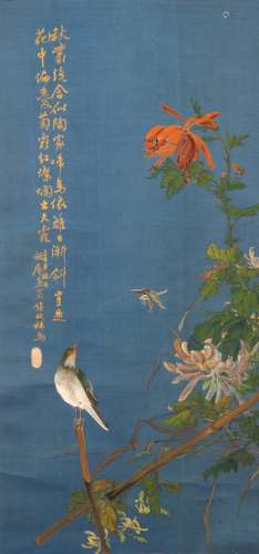 LI NIANCI   (follower of, 1628 – ?) Bird and Flowers, ink and colour on blue silk, hanging scroll,