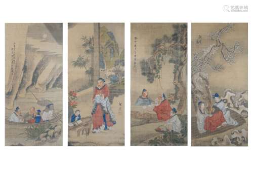 CHEN HONGSHOU   (attributed to, 1598 – 1653) Figures, ink and colour on silk, framed, all signed