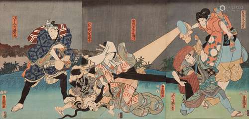 A GROUP OF NINE JAPANESE WOODBLOCK PRINTS BY KUNISADA AND OTHERS. 19th Century. Including two