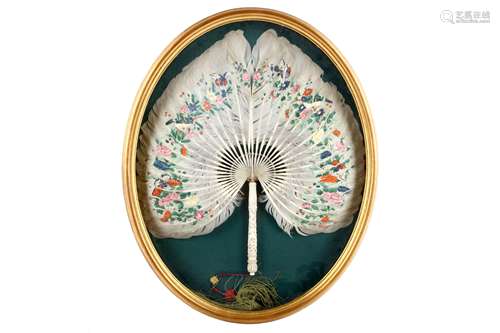 A CHINESE PAINTED FEATHER RIGID FAN. 19th Century. Painted with flowers and birds, with an ivory