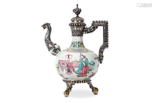 A CHINESE WHITE-METAL-MOUNTED FAMILLE ROSE KENDI. Qing Dynasty, Yongzheng era. The globular body